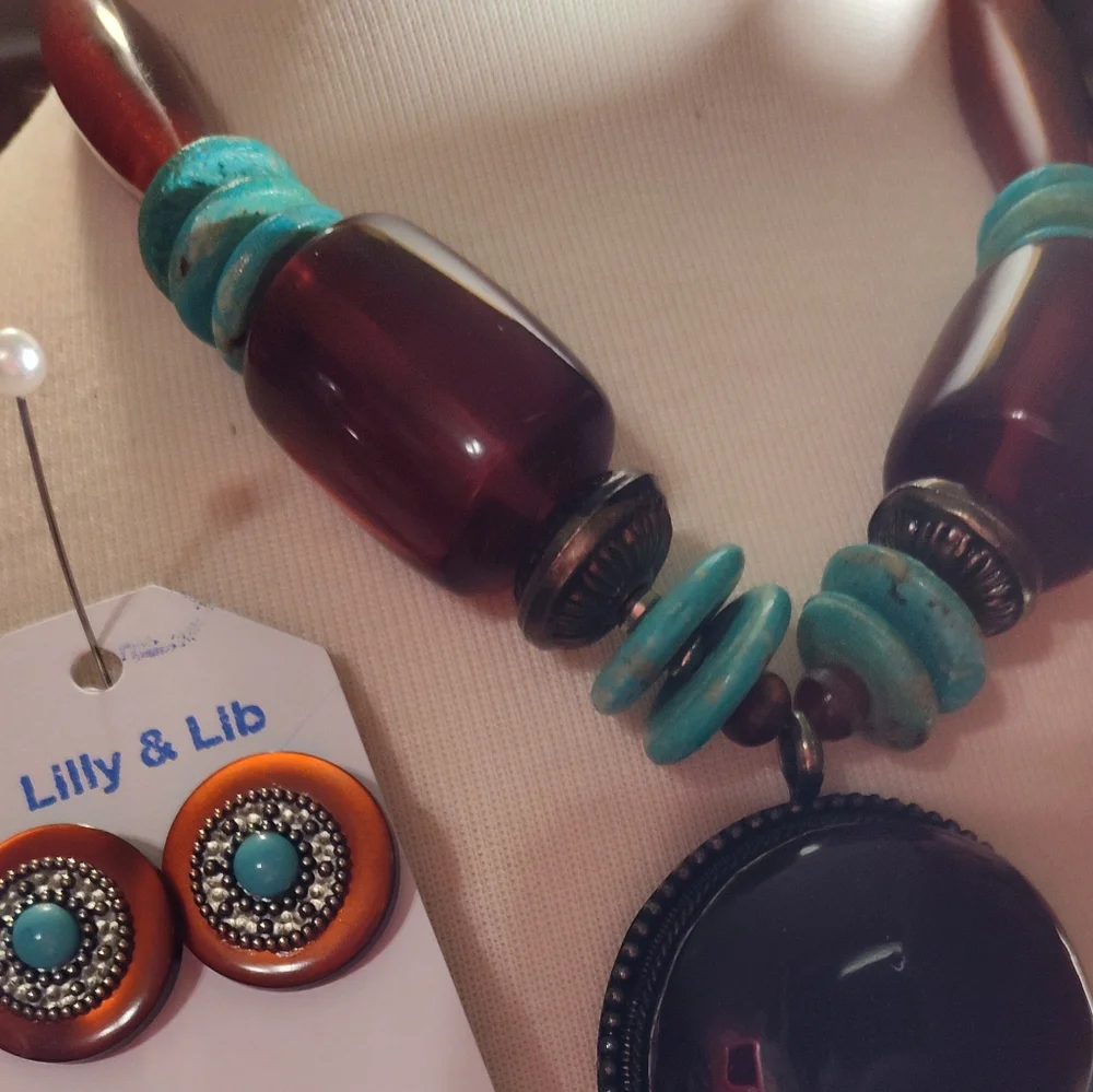 Amber and Turquoise Necklace and Earring Set. NWOT